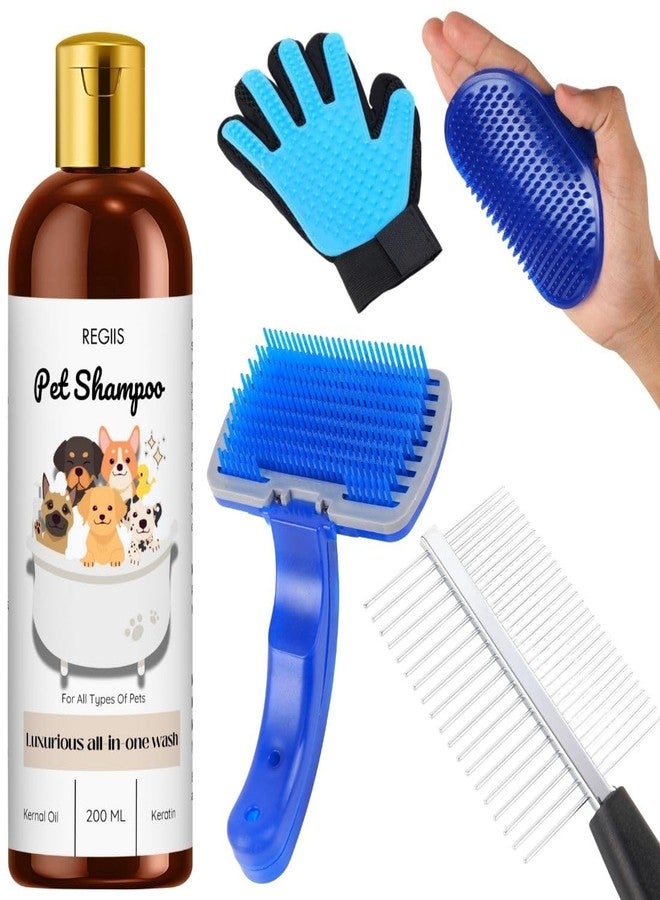 REGIIS Pet Grooming Set with Luxurious Shampoo 200ml, Silicone Brush and Deshedding Glove, Professional Dog and Cat Bathing Kit(PACK OF 5) - Image 1